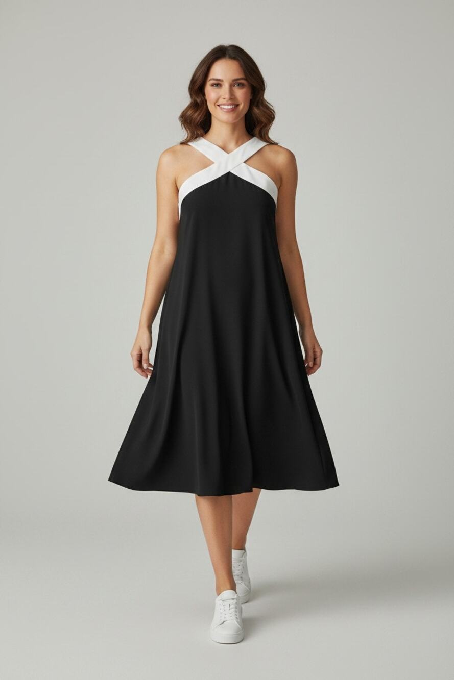 Lauren Ralph Lauren Swing Dress Womens 8 Black White Colorblock Halter Neck